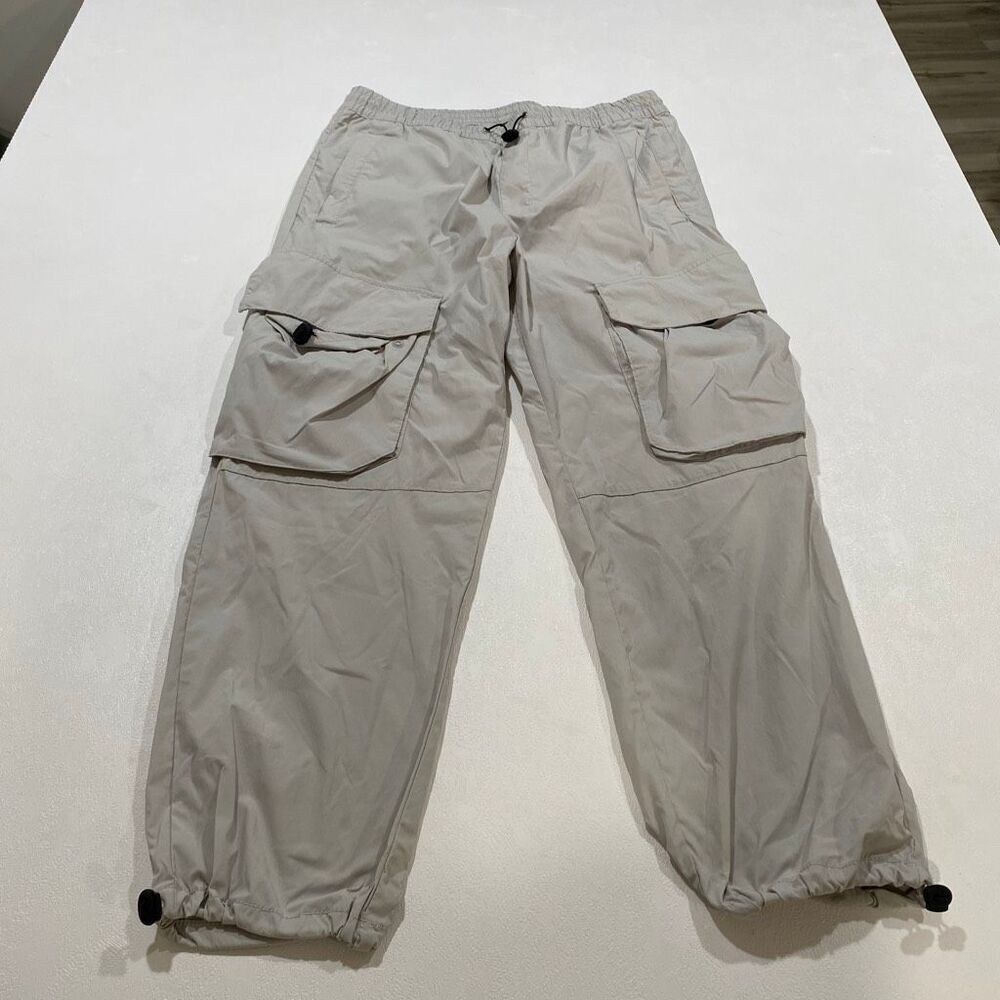 H&M Relaxed Fit Cargo Jogger Pants Beige Utility Drawstring Size L